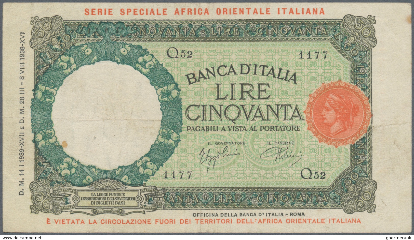 Italian East Africa / Italienisch Ost-Afrika: 50 Lire 1939 P. 1, Light Folds In Paper, Probably Pres - Africa Orientale Italiana