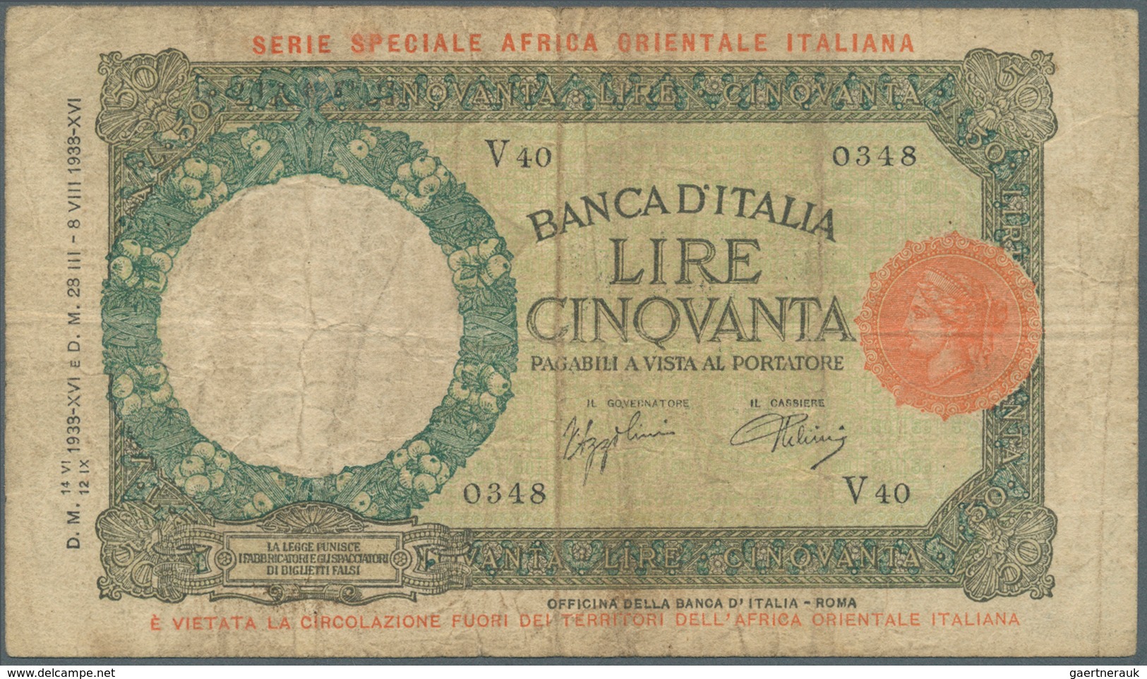 Italian East Africa / Italienisch Ost-Afrika: 50 Lire 1938 P. 1a, Stronger Used With Folds And Stain - Africa Orientale Italiana