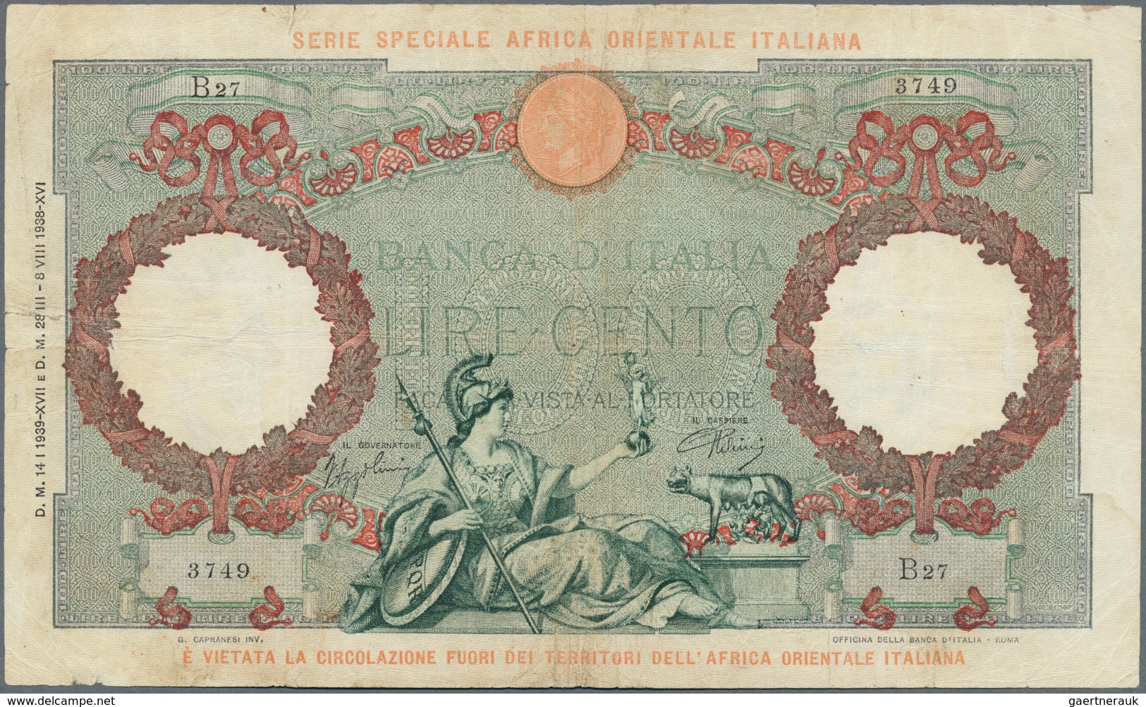 Italian East Africa / Italienisch Ost-Afrika: 100 Lire 1939 P. 2, A Bit Stronger Used With Stain In - Africa Orientale Italiana