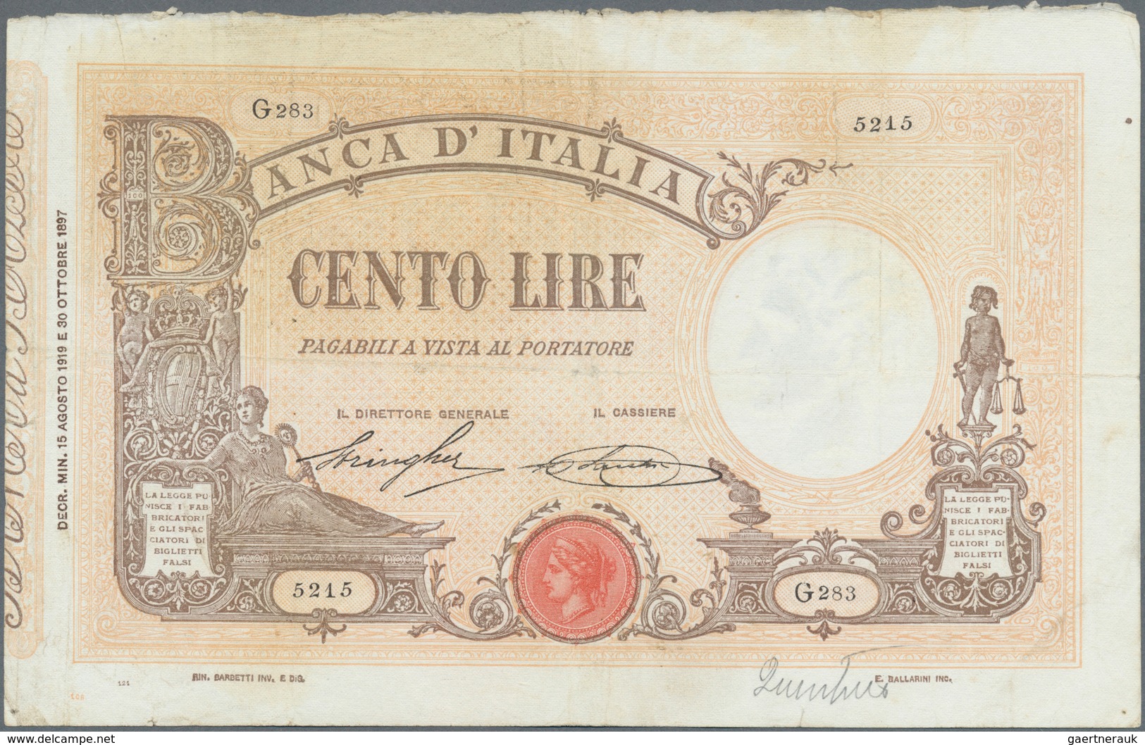 Italy / Italien: Set Of 3 Notes 100 Lire 1905/19/20, All Notes Used With Folds, Light Stain, Two Of - Altri & Non Classificati