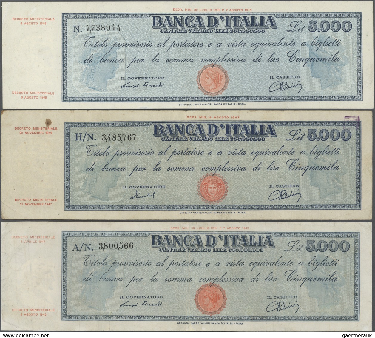 Italy / Italien: Set Of 3 Notes 5000 Lire ND(1945-50) P. 78, 86, All Notes In Similar Condition, Fol - Sonstige & Ohne Zuordnung