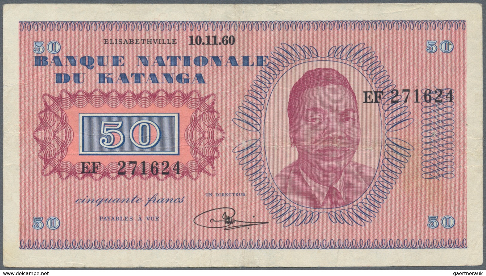 Katanga: 50 Francs 10.11.1960 P. 7, Banque Nationale Du Katanga, S/N EF271624, Used With Vertical An - Otros – Africa