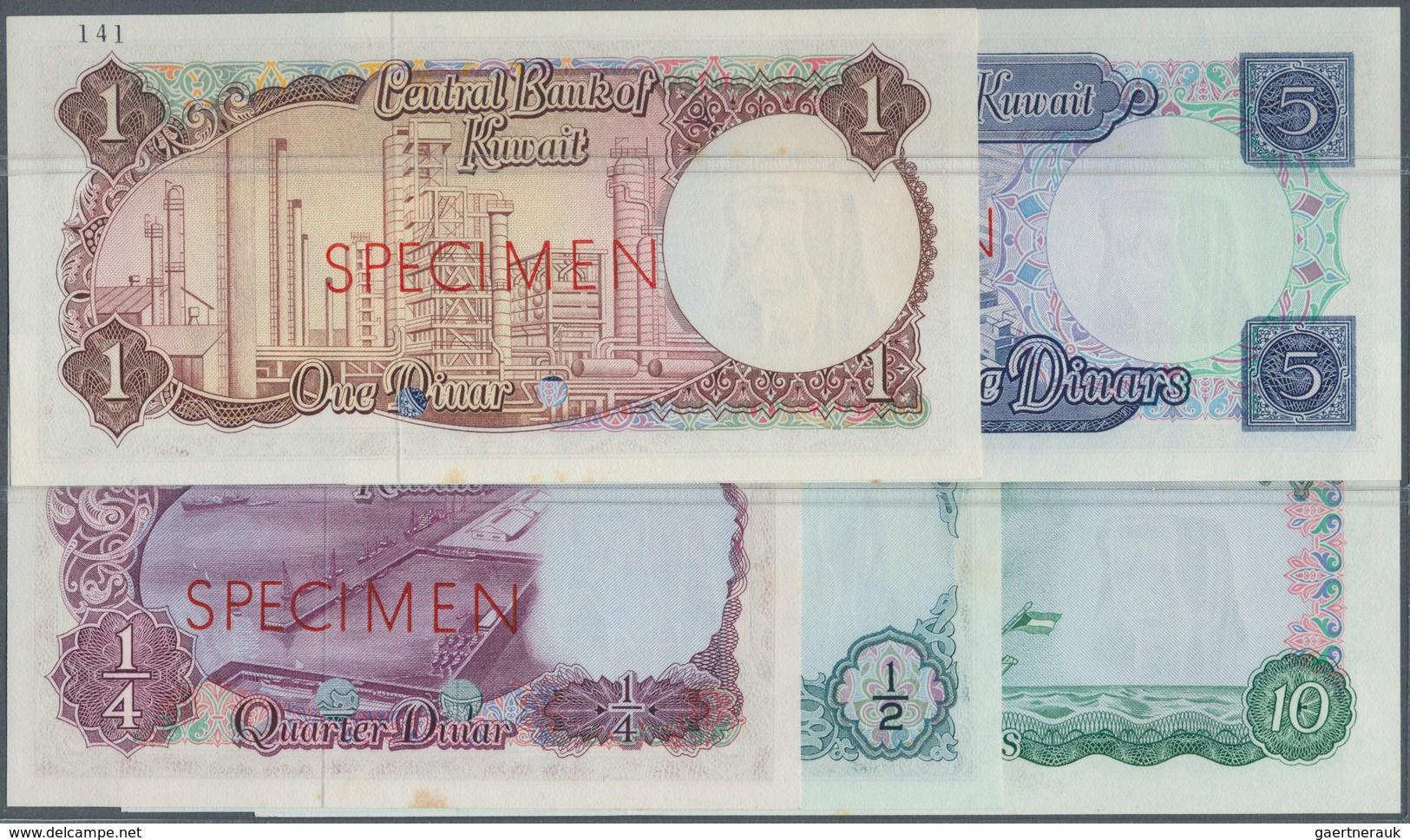 Kuwait: Set Of 5 SPECIMEN Banknotes Containing 1/4, 1/2, 1, 5 And 10 Dinars L.1968 P. 6s-10s, Rare S - Kuwait