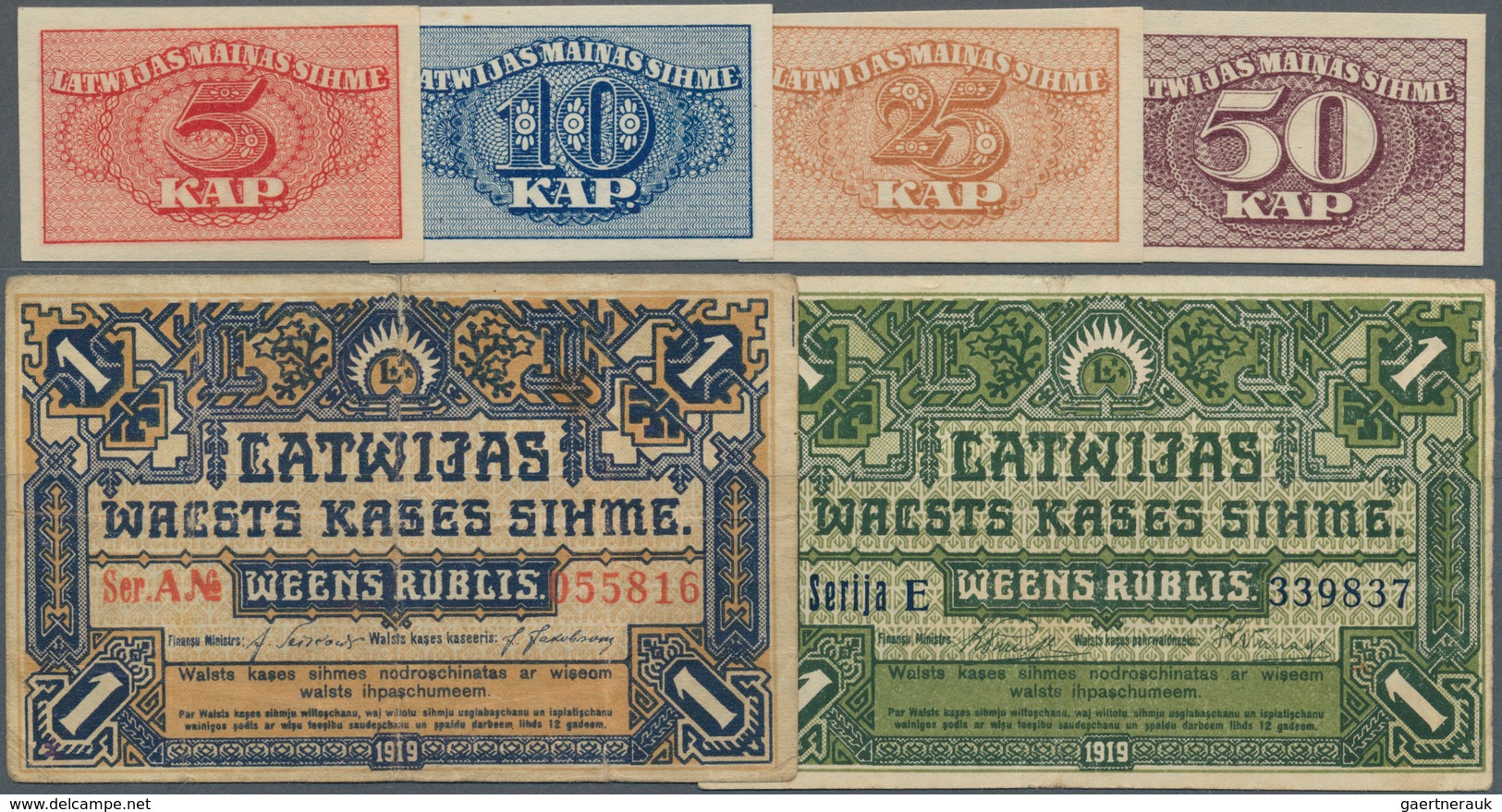 Latvia / Lettland: Set With 6 Banknotes Latwijas Walsts Kaşes 1 Rublis 1919 P.1 (F+ With Tear), 1 Ru - Letonia