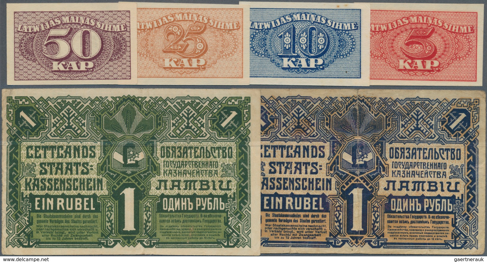 Latvia / Lettland: Set With 6 Banknotes Latwijas Walsts Kaşes 1 Rublis 1919 P.1 (F+ With Tear), 1 Ru - Letonia