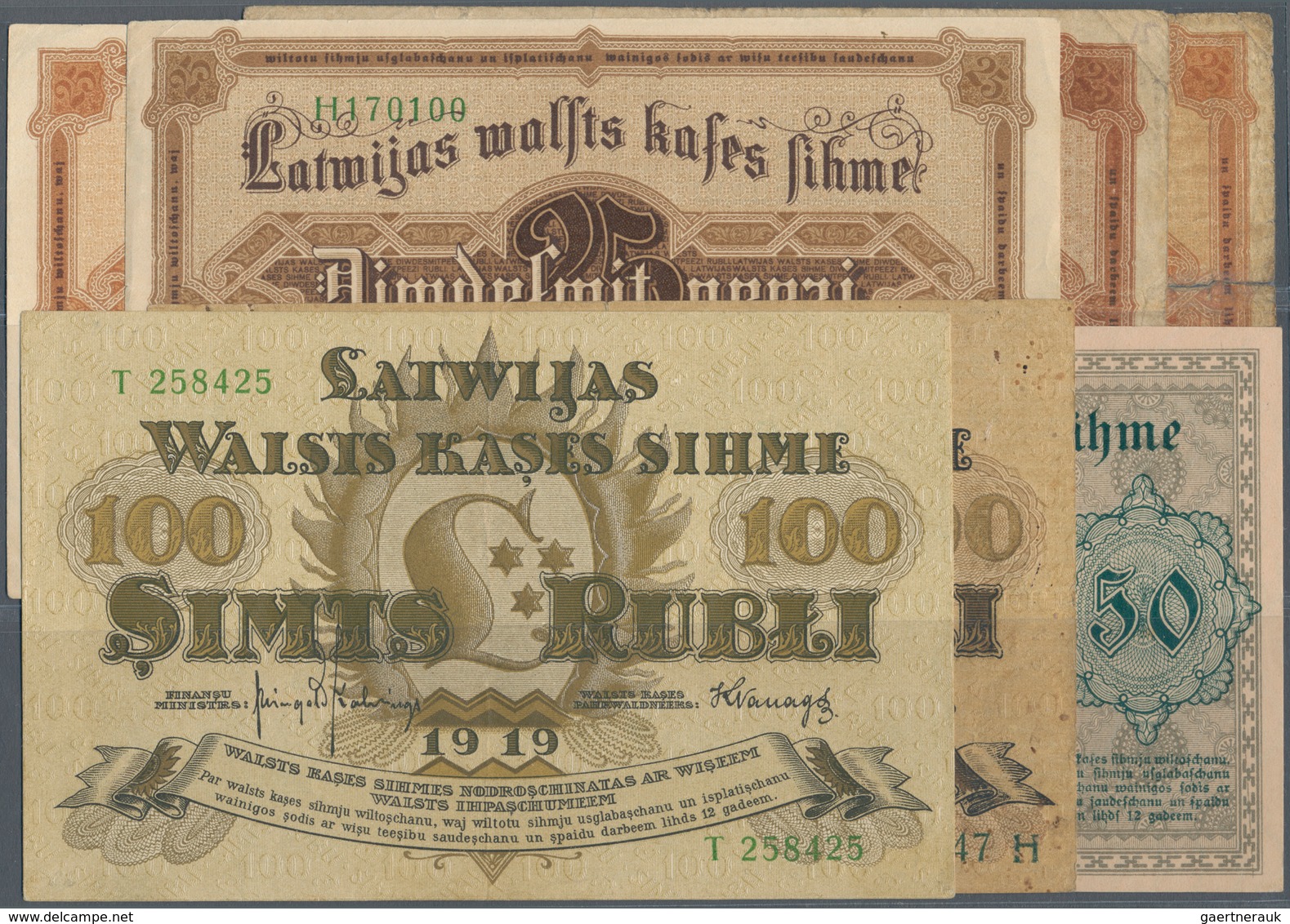 Latvia / Lettland: Set With 7 Banknotes Containing 4 X 25 Rubli 1919 P.5 (2xVG, 2xVF), 50 Rubli 1919 - Letonia