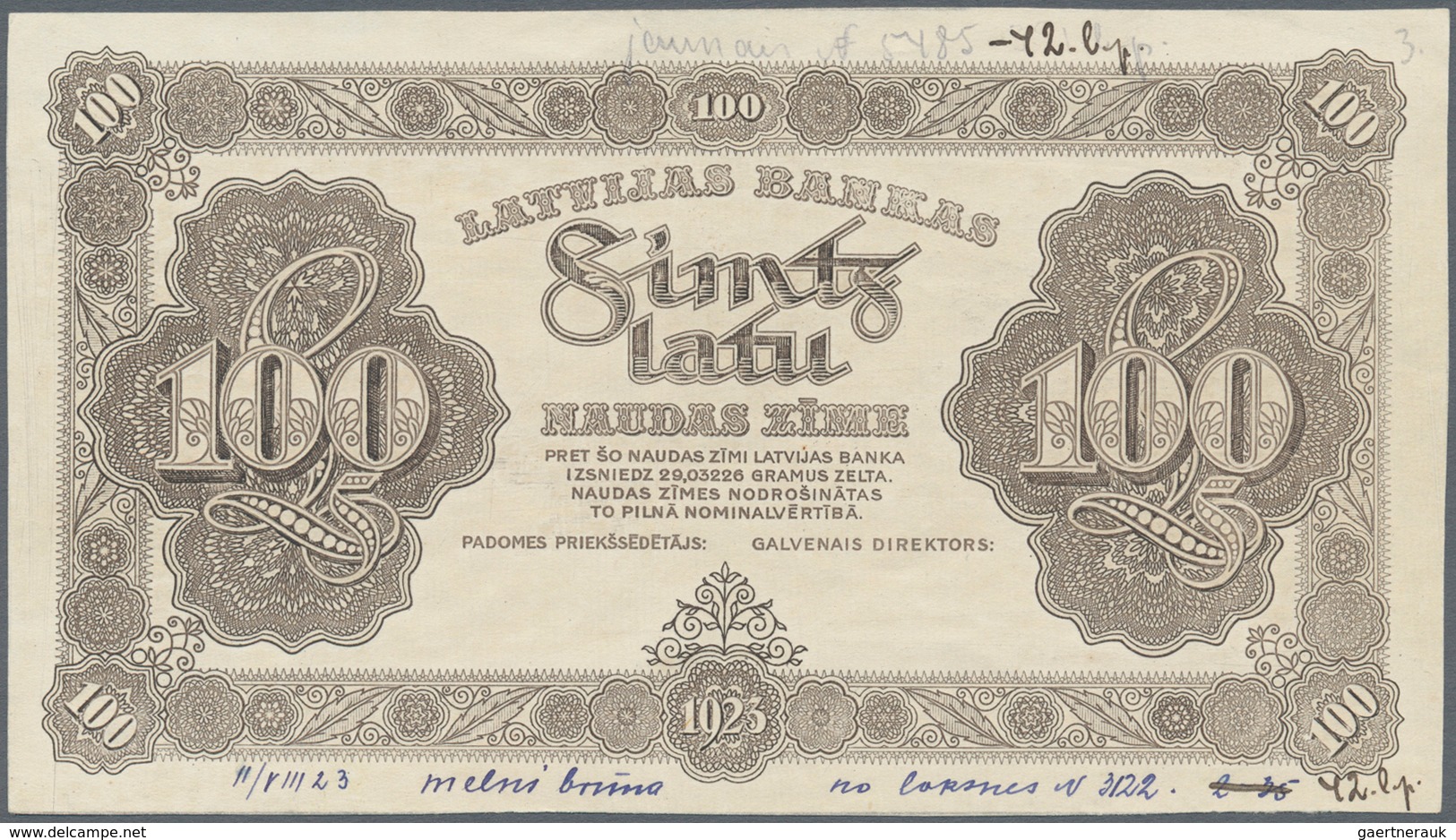 Latvia / Lettland: Front Proof For The 100 Latu 1923 In Brown Color, P.14p With A Few Annotations An - Lettonie