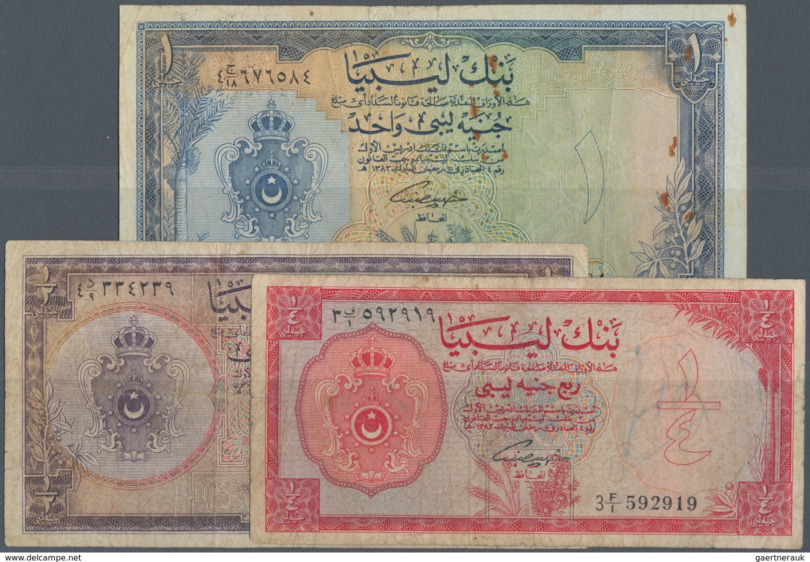 Libya / Libyen: Set Of 3 Notes Containing 1/4, 1/2 And 1 Pound L.1963 P. 23-35, All Used With Folds - Libia