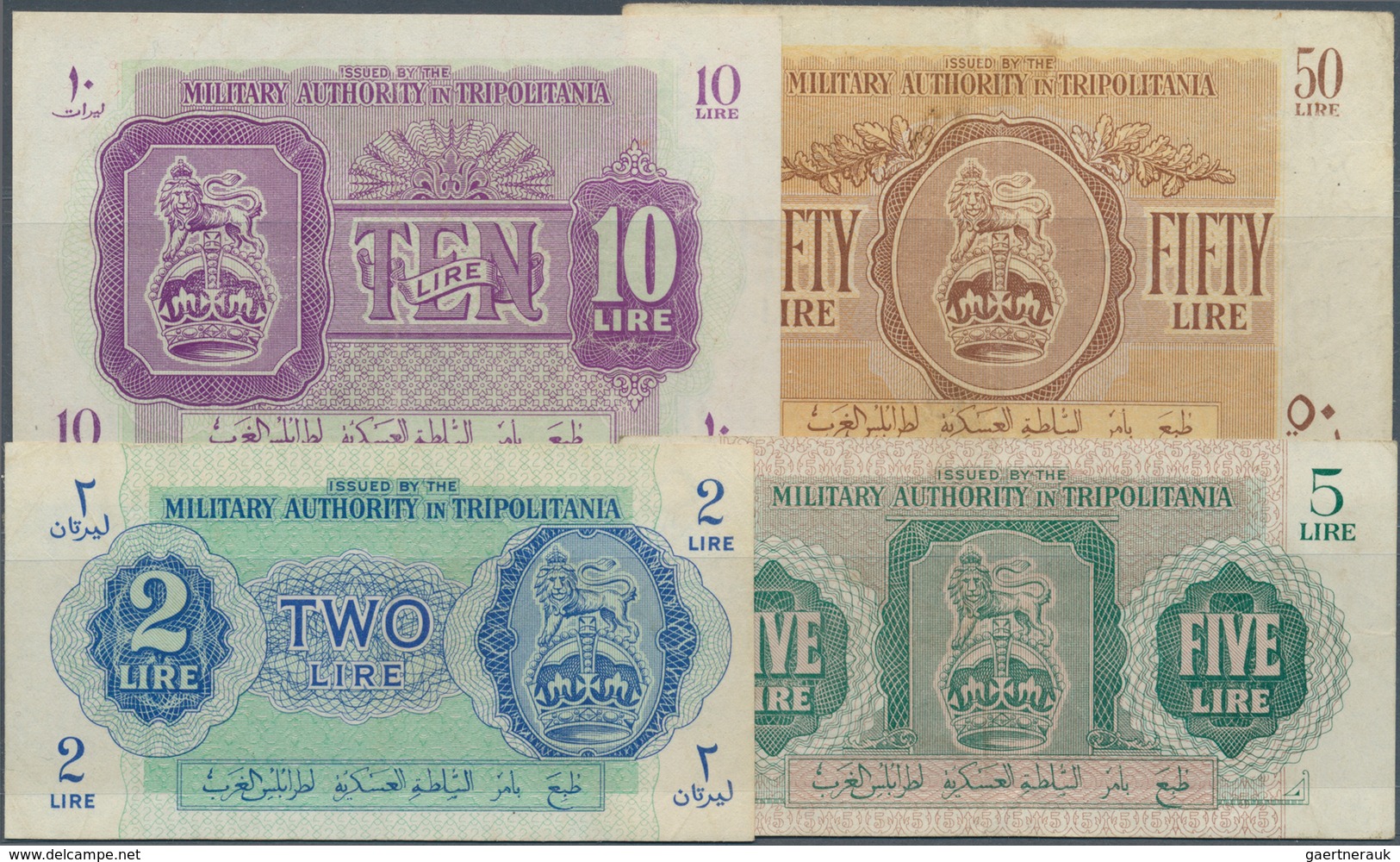 Libya / Libyen: Set Of 4 Notes MILITARY AUTHORITY OF TRIPOLITANIA Containing 2, 5, 10 And 50 Lire ND - Libia