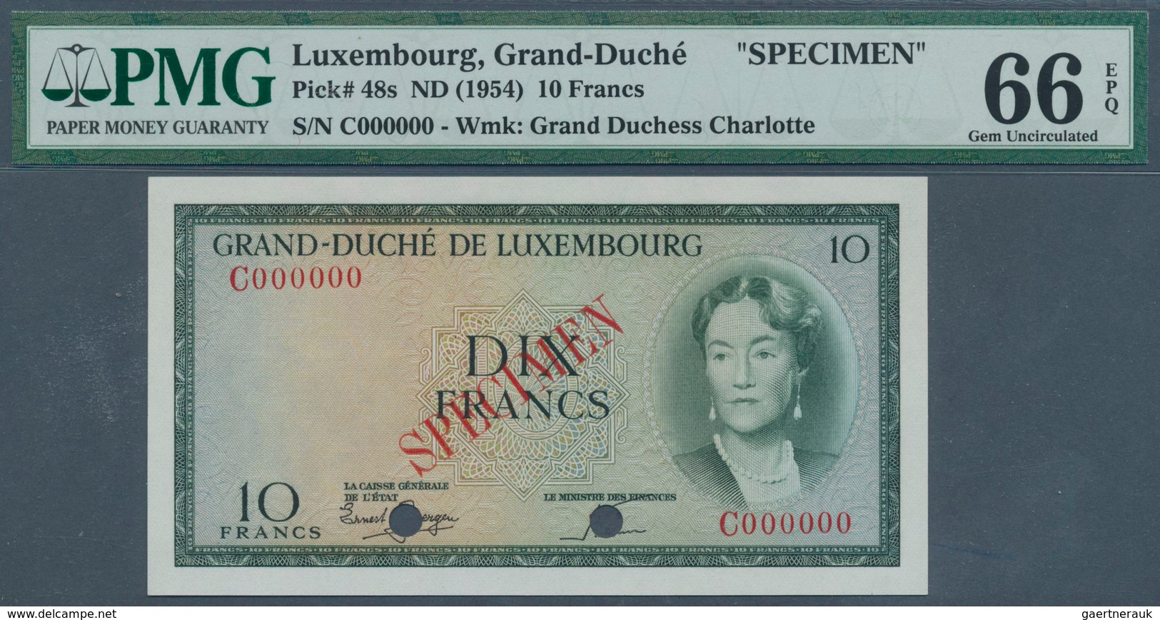 Luxembourg: 10 Francs ND(1954) Specimen P. 48s, In Condition: PMG Graded 66 Gem UNC EPQ. - Luxemburgo