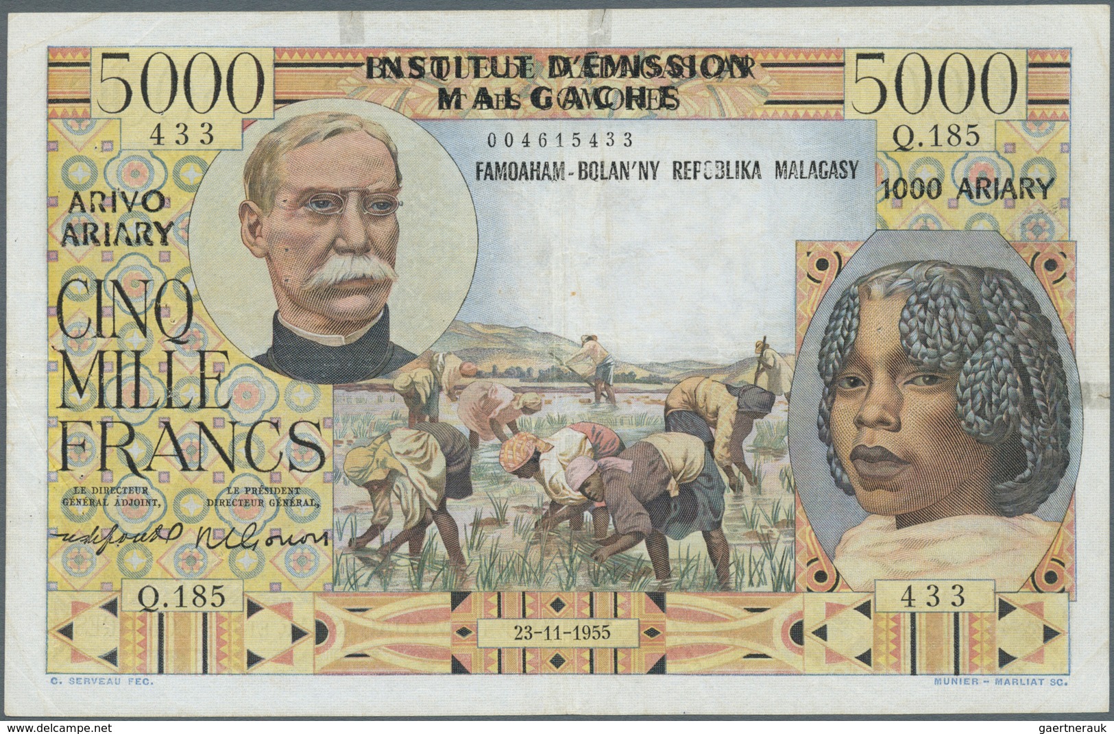 Madagascar: 5000 Francs 1955 P. 55, Used With Folds And Pinholes, 2 Very Tiny And Restored Tears At - Madagascar