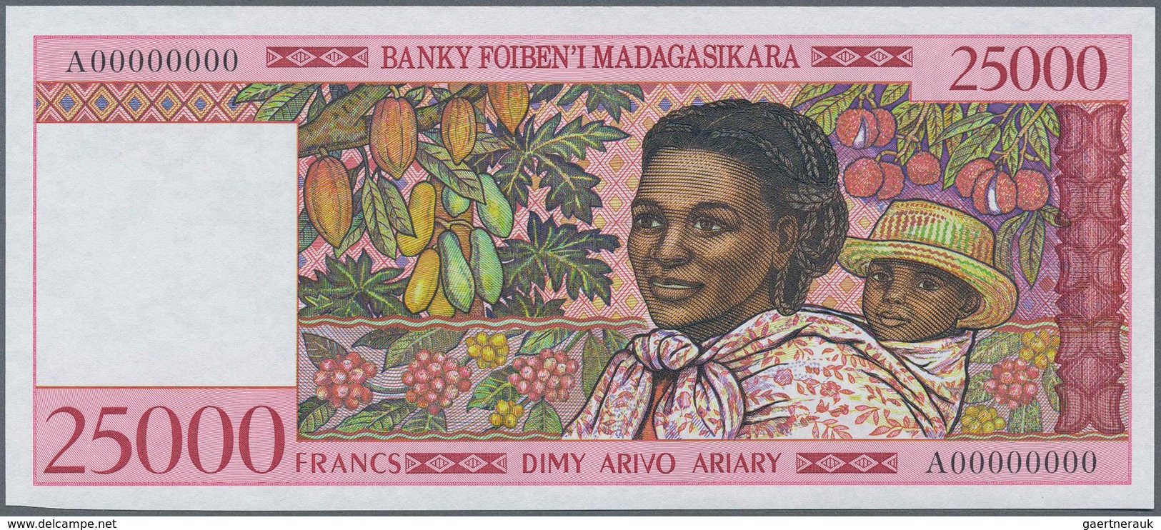 Madagascar: Set Of 2 Notes Containing 500 And 25.000 Francs ND(1994-95) Specimen P. 75s, P. 82s With - Madagascar