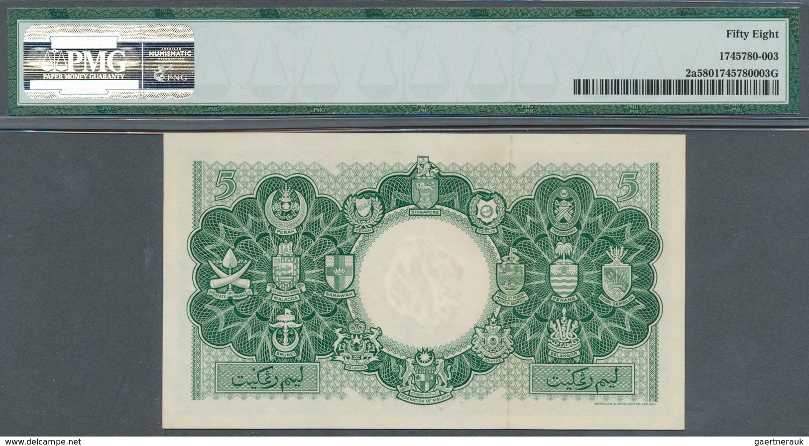 Malaya & British Borneo: 5 Dollars 1953 P. 2a In Condition: PMG Graded 58 Choice AUNC. - Malasia