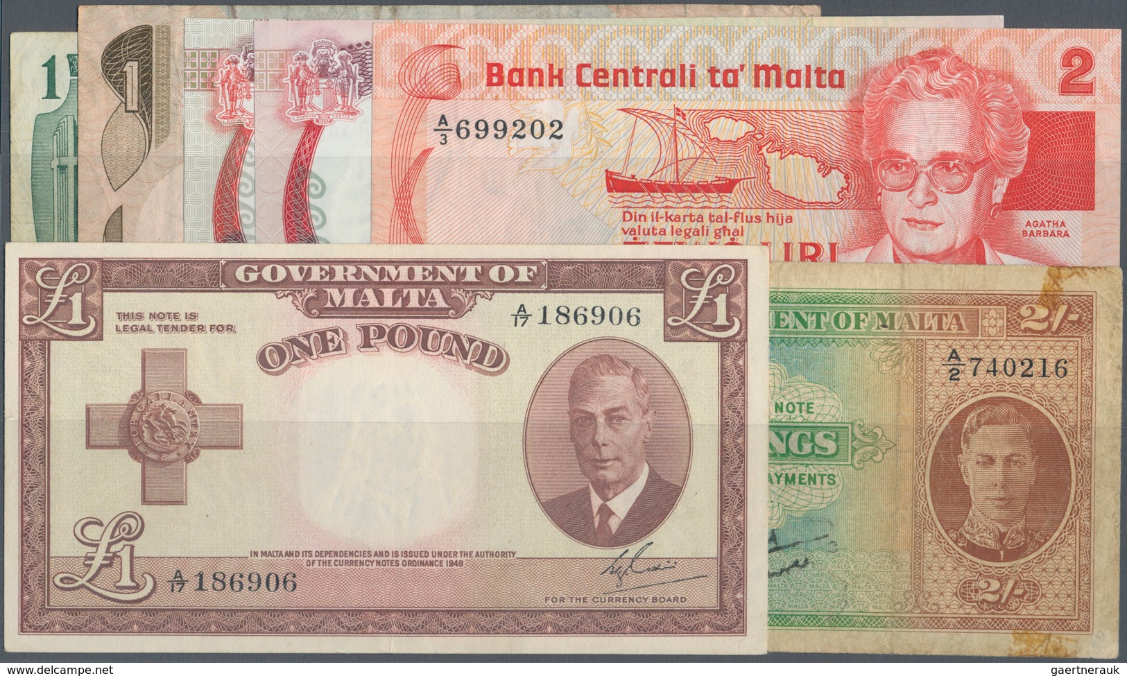 Malta: Set Of 7 Banknotes Containing 2 Shillings ND(1942) P. 17b (F), 1 Pound L.1949 Portrait KGVI P - Malta