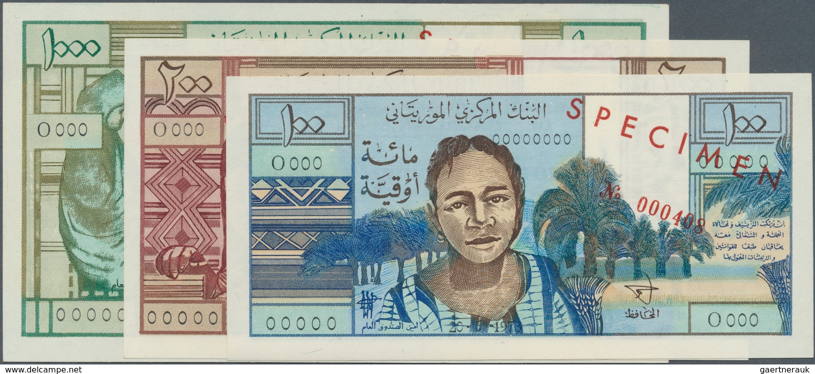 Mauritania / Mauretanien: Set 3 Specimen Notes From 100 To 1000 Ouguiya 1973 P. 1s-3s All In Conditi - Mauritania