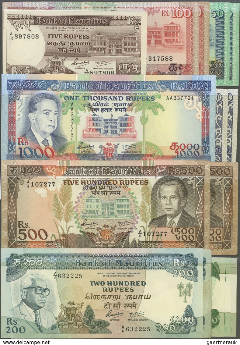 Mauritius: Set Of 15 Banknotes Containing 1x 5 Rupees ND(1985-91) P. 34 (aUNC), 3x 10 Rupees ND(1985 - Mauritius