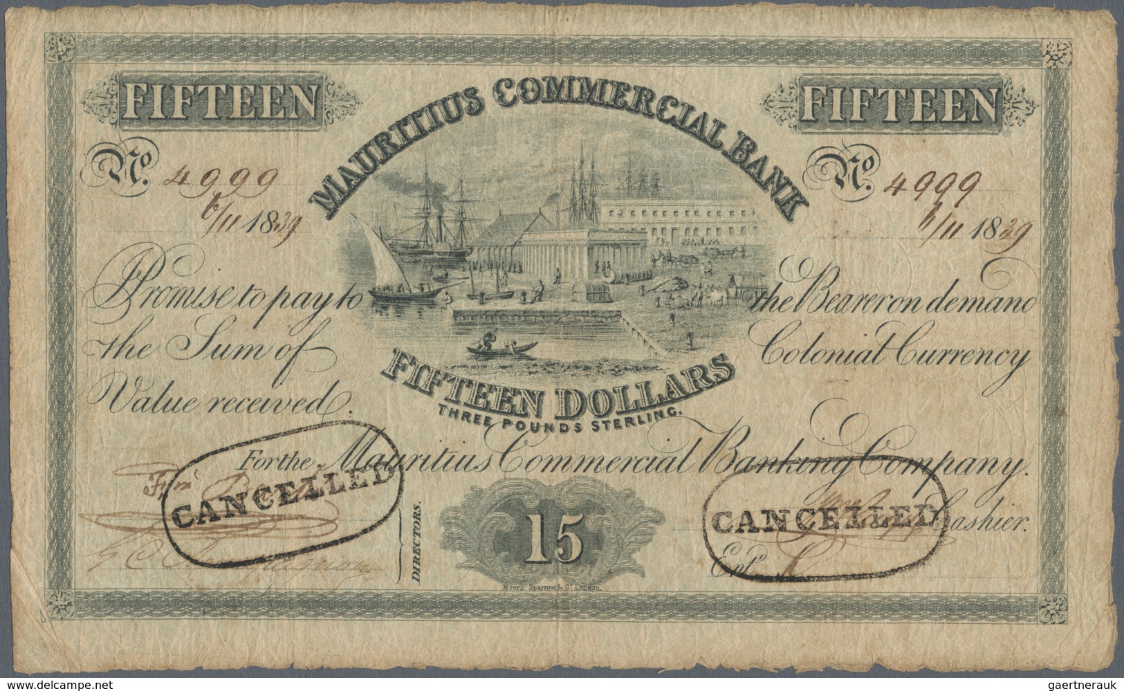 Mauritius: 15 Dollars = 3 Pounds Sterling 1839 P. S123, Used With Folds And Creases, Light Stain In - Maurice