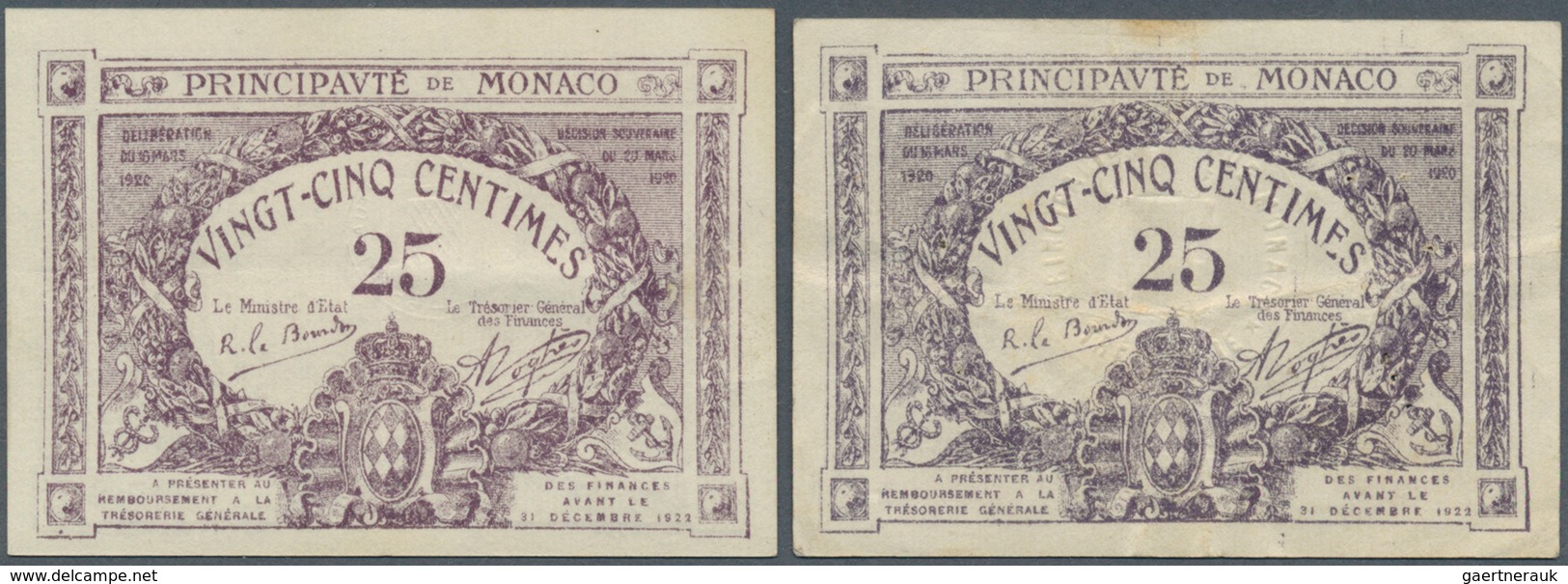 Monaco: Set Of 2 Notes 25 Centimes 1920 P. 2b ,c, Lilac Color, Strong Paper, But Folded In Condition - Mónaco