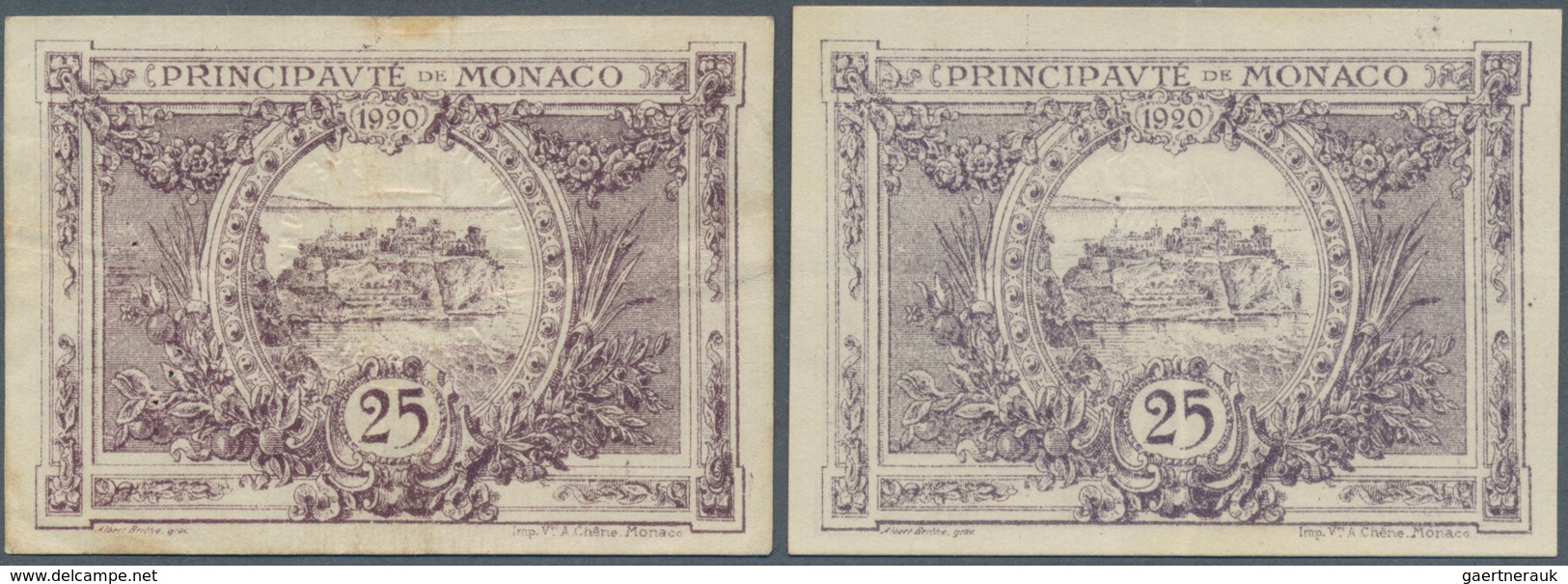 Monaco: Set Of 2 Notes 25 Centimes 1920 P. 2b ,c, Lilac Color, Strong Paper, But Folded In Condition - Monaco