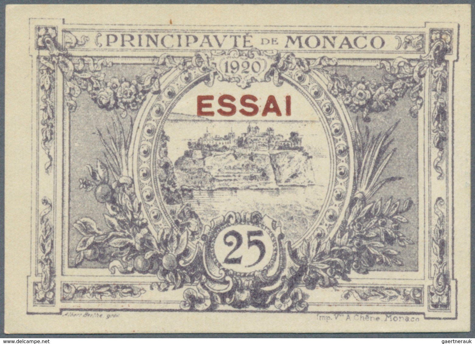 Monaco: Essai Of 25 Centimes 1920 P. 2s, With Inscription "Non Remboursable" And Red Overprint "Essa - Monaco