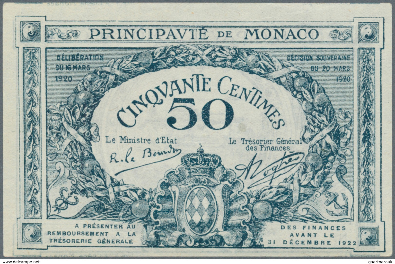 Monaco: 50 Centimes 1920 P. 3 Series C, Remainder W/o S/N, Crisp Original Paper, Only Light Handling - Mónaco