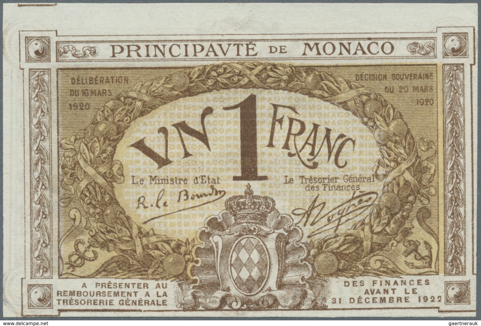 Monaco: 1 Franc 1920 P. 4 Specimen Series C, S/N 416728, Crisp Original, Light Corner Bend, Conditio - Mónaco