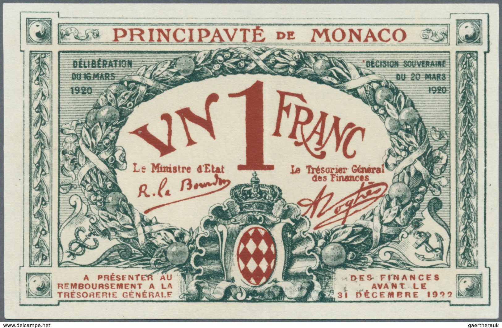 Monaco: 1 Franc 31.12.1922 P- 5. Principavte De Monaco, S/N #326276 Serie A, With Crisp Original Pap - Mónaco