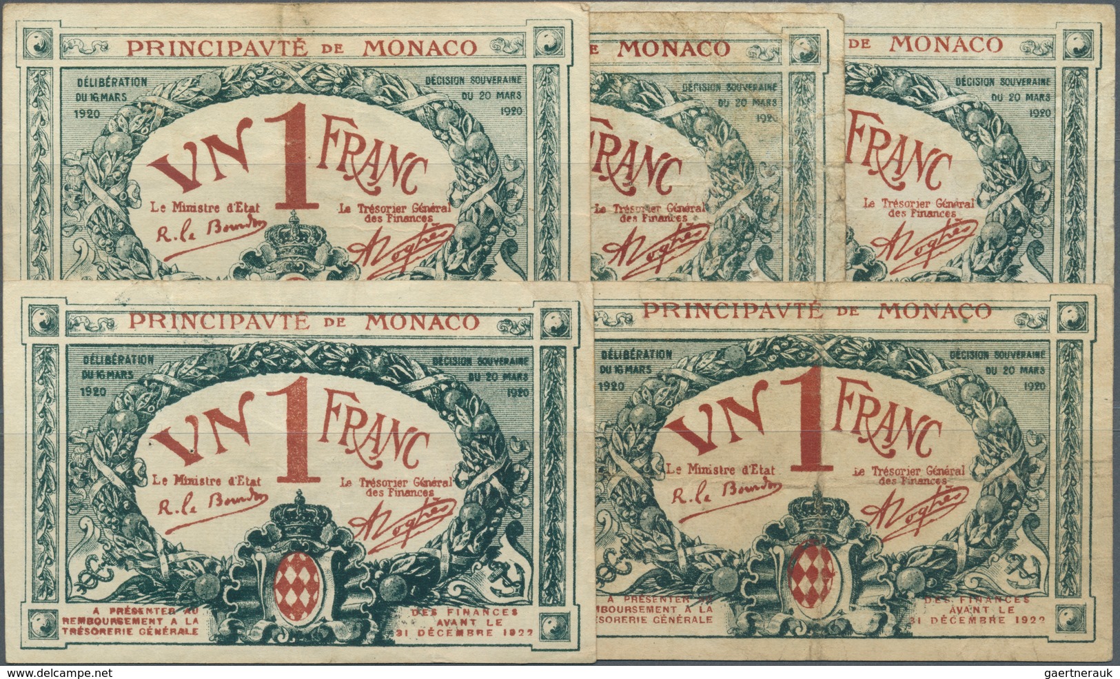 Monaco: Set Of 5 Notes Containing 1 Franc 1920 P. 5, Issued Notes With Serial Number From Series A-E - Monaco