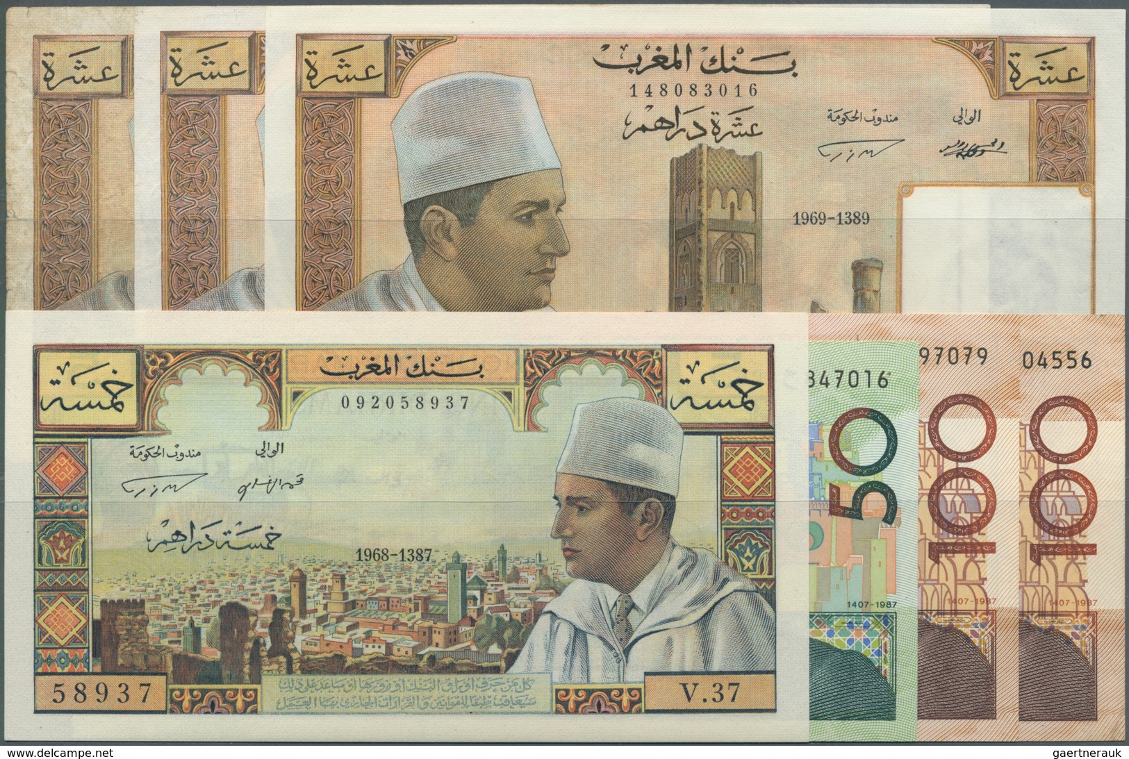 Morocco / Marokko: Set Of 7 Banknotes Containing 3x 10 Dirhams P. 54, 5 Dirhams P. 52, 50 Dirhams P. - Maroc