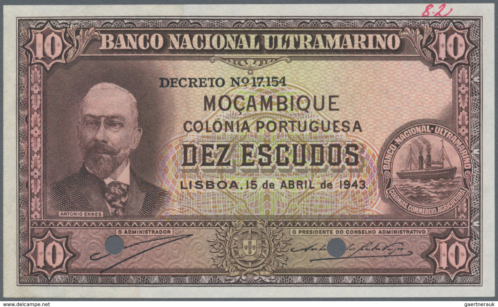 Mozambique: 10 Escudos 15.04.1943 Specimen P. 90s, W/o Serial, Two Cancellation Holes, Lightly Wavy - Mozambique