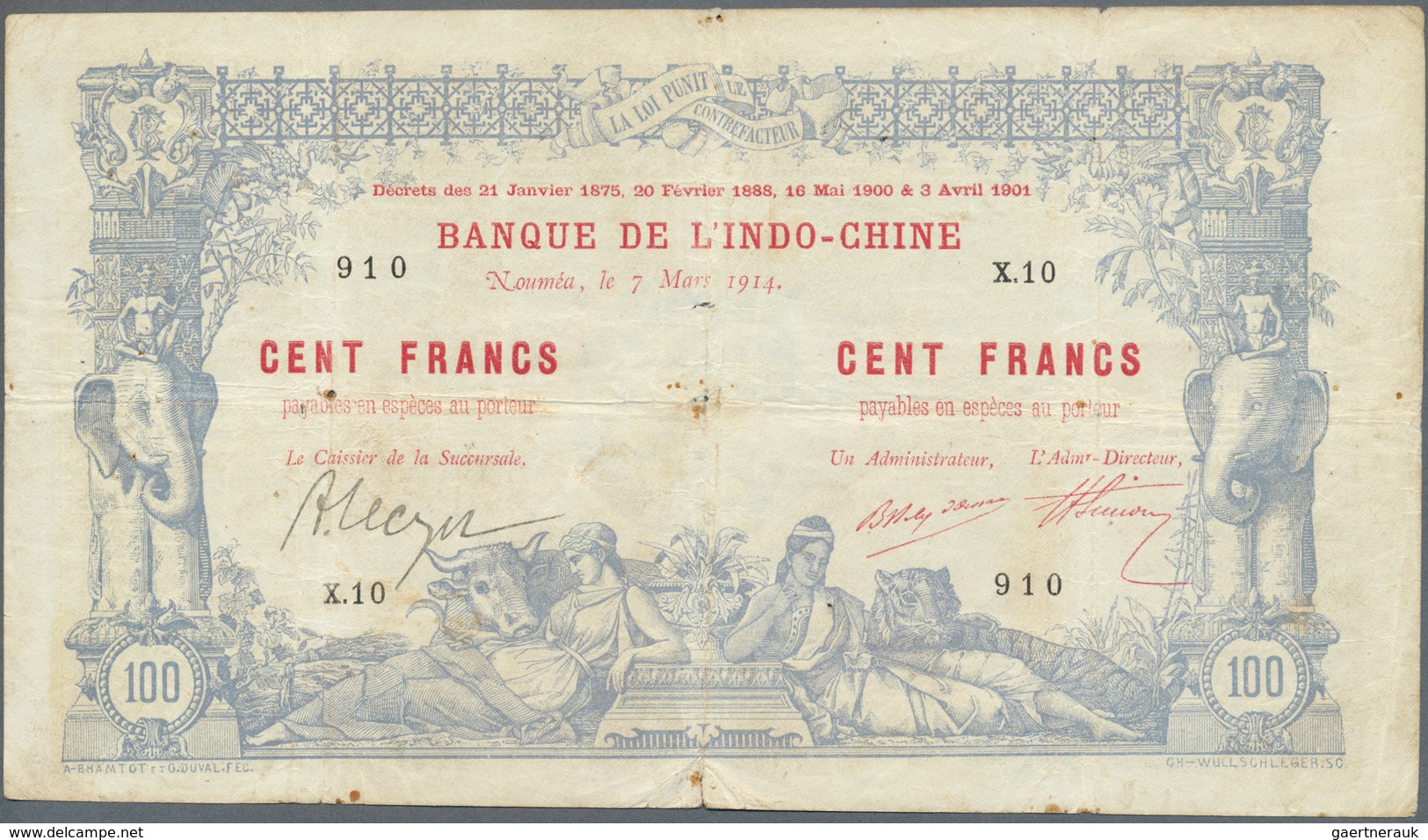 New Caledonia / Neu Kaledonien: 100 Francs 1914 Noumea Banque De L'Indochine P. 17, With Block Lette - Nouméa (Neukaledonien 1873-1985)