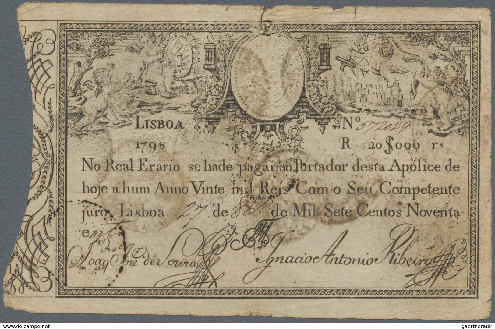 Portugal: 20.000 Reis 1798 P. 6, Used With Folds And Several Border Tears, No Repairs, Still Strong - Portugal