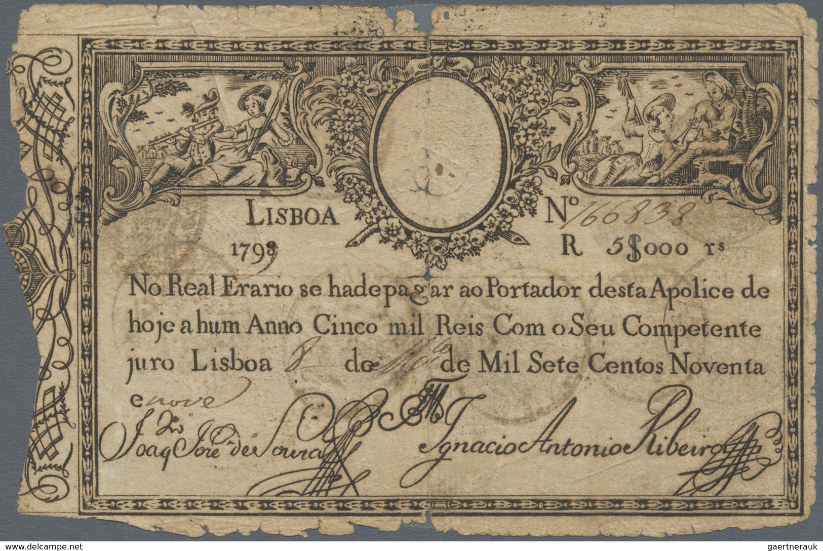 Portugal: 5000 Reis 1799 P. 10, A Bit Stronger Used With Folds And Border Wear, Minor Border Tears, - Portogallo