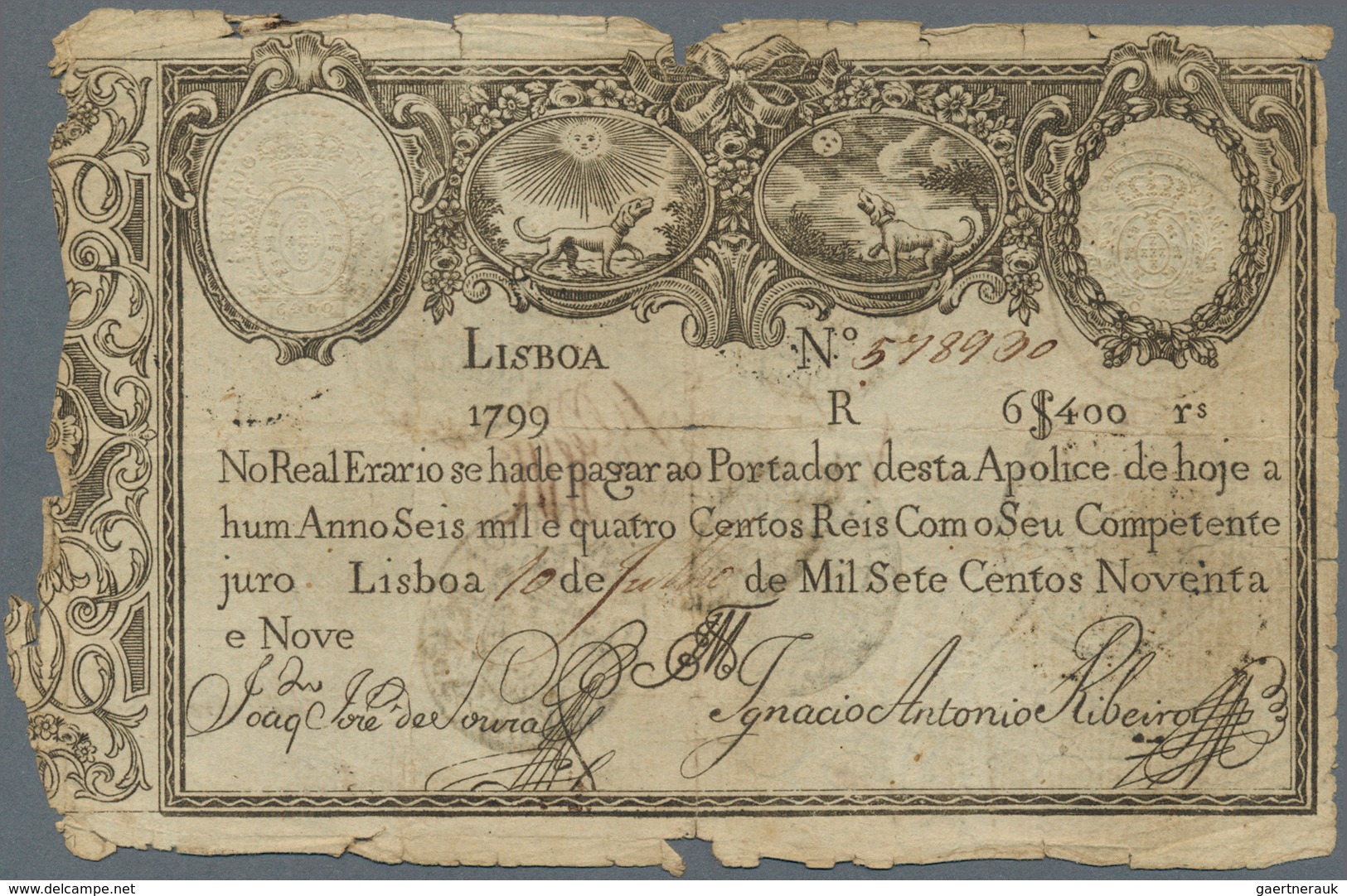 Portugal: 6400 Reis 1799 P. 12, Stronger Used With Strong Horizontal And Vertical Folds, Border Tear - Portugal