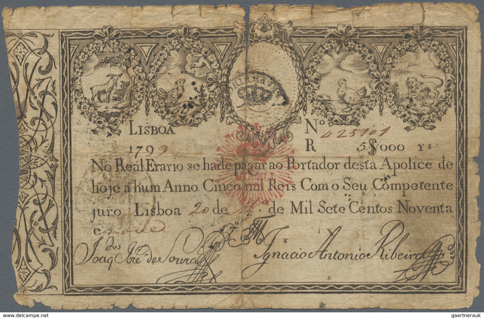 Portugal: 5000 Reis 1799 P. 38B, Revalidation Issue "Miguel", Strongly Used With Several Stronger Fo - Portugal