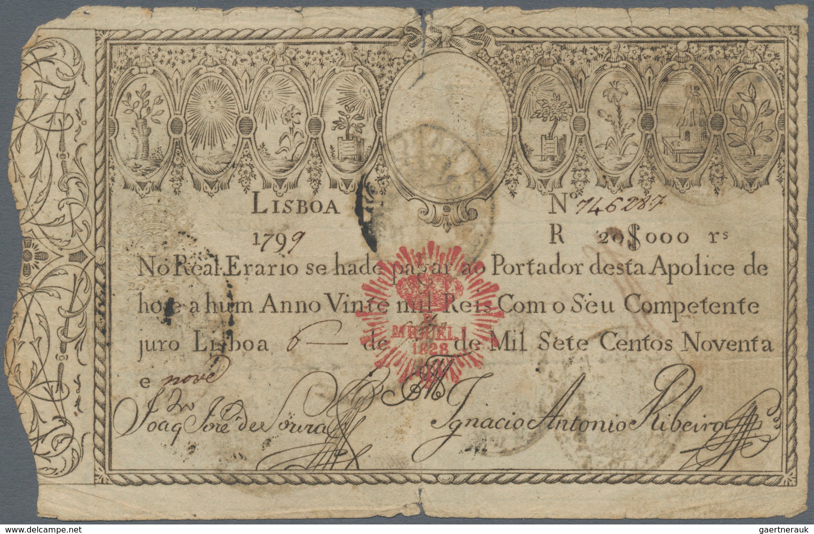 Portugal: 20.000 Reis 1799 P. 46, Revalidation Issue "Miguel", A Bit Stronger Used With Strong Cente - Portugal