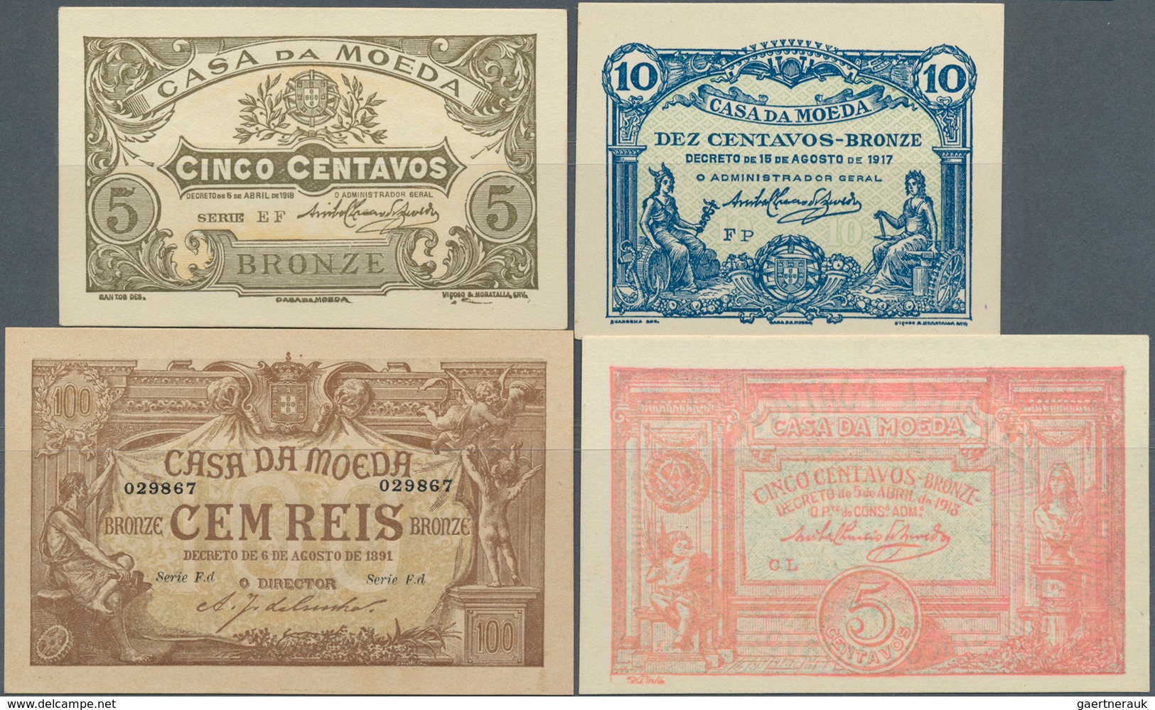 Portugal: Set Of 4 Note "Casa De Moeda" Containing 100 Reis 1891 P. 89 (UNC), 10 Centavos 1917 P. 95 - Portugal