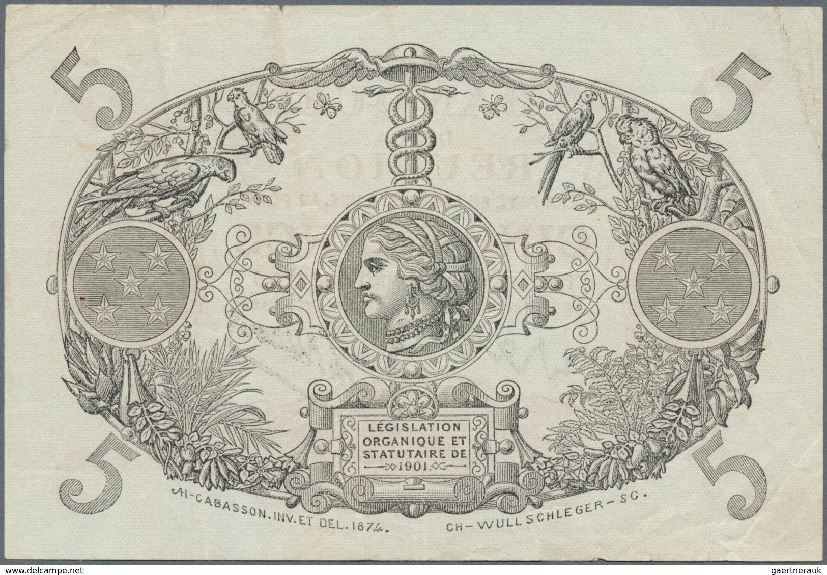 Réunion: Banque De La Réunion 5 Francs L.1901 P. 14, Several Folds In Paper, A Few Minor Border Tear - Réunion