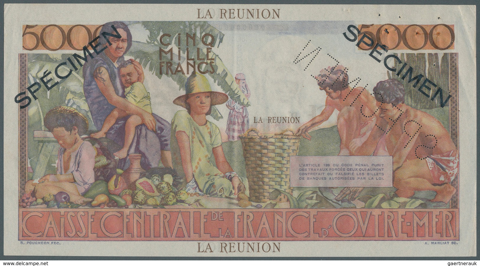 Réunion: 5000 Francs ND (1947) Specimen P. 48s, Famous Large Size Banknote With General Schoelcher A - Réunion