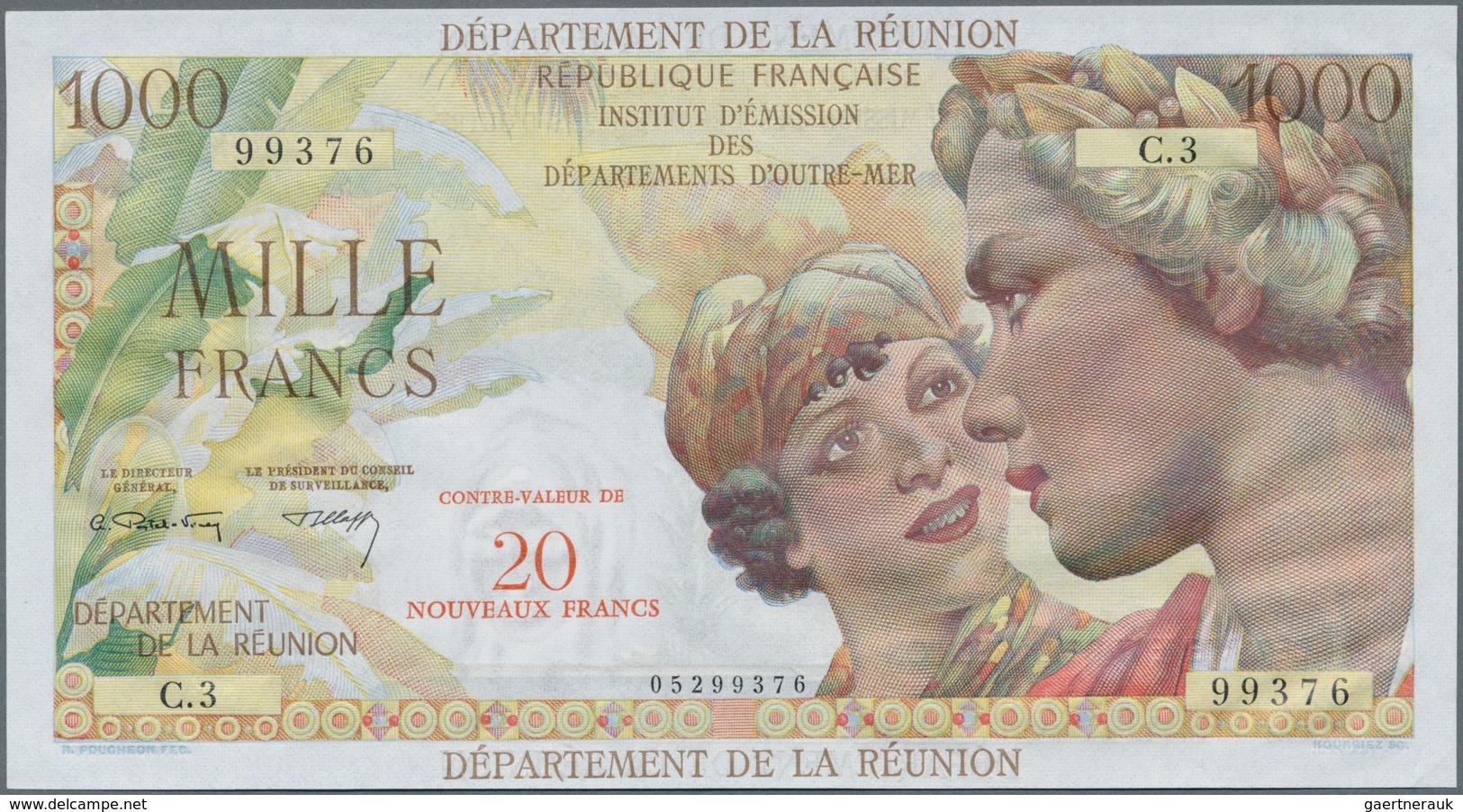 Réunion: Department De La Reunion 20 Nouveaux Francs On 1000 Francs ND(1967-71) P. 55, Beautiful Des - Réunion