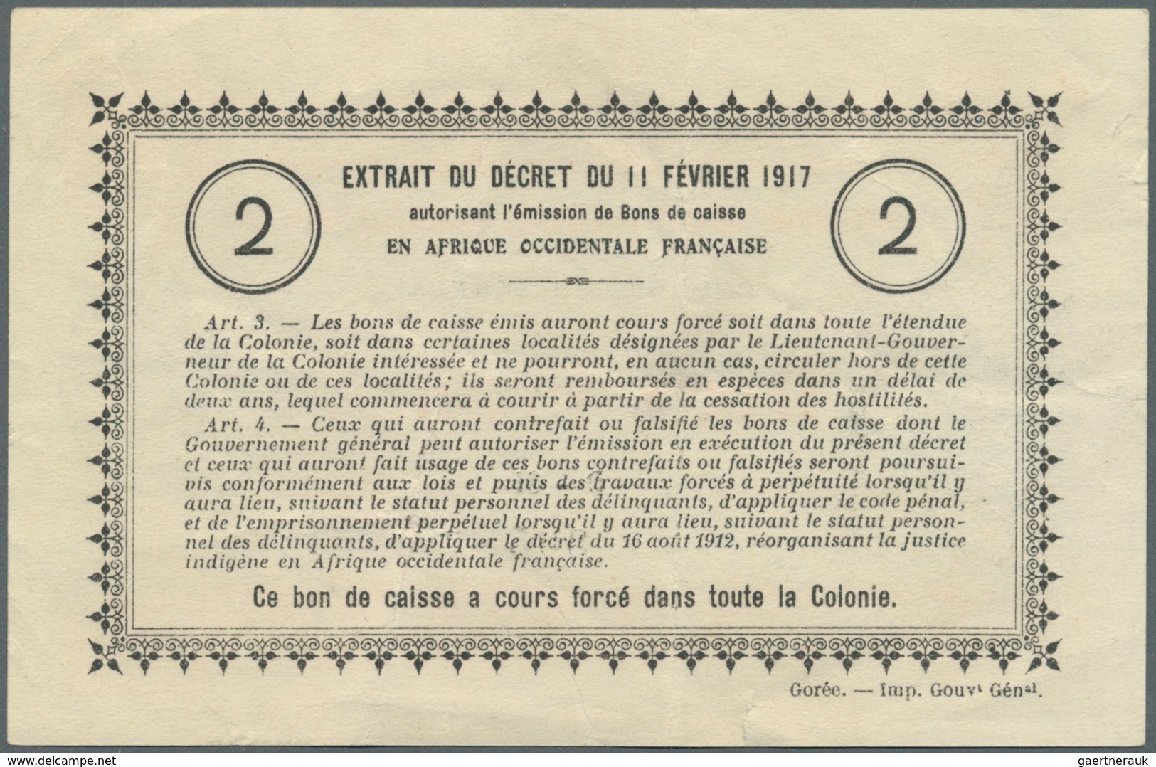 Senegal: Gouvernement Général De L'Afrique Occidentale Française, Colonie Du Senegal 2 Francs L.11.0 - Senegal