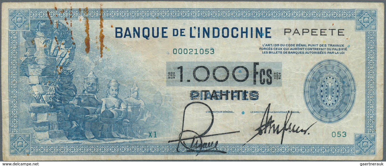 Tahiti: 1000 Francs ND(1943) P. 18b, Used With Folds, Stain Of Paper Clip At Upper Left, Black Overp - Altri – Oceania