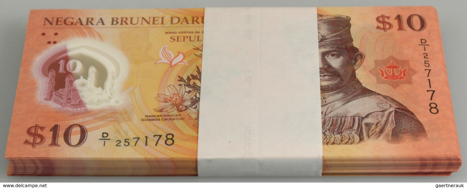 Brunei: Bundle With 100 Pcs. 10 Ringgit 2011 1st Prefix D/1, P.37 In UNC Condition (100 Pcs.) - Brunei