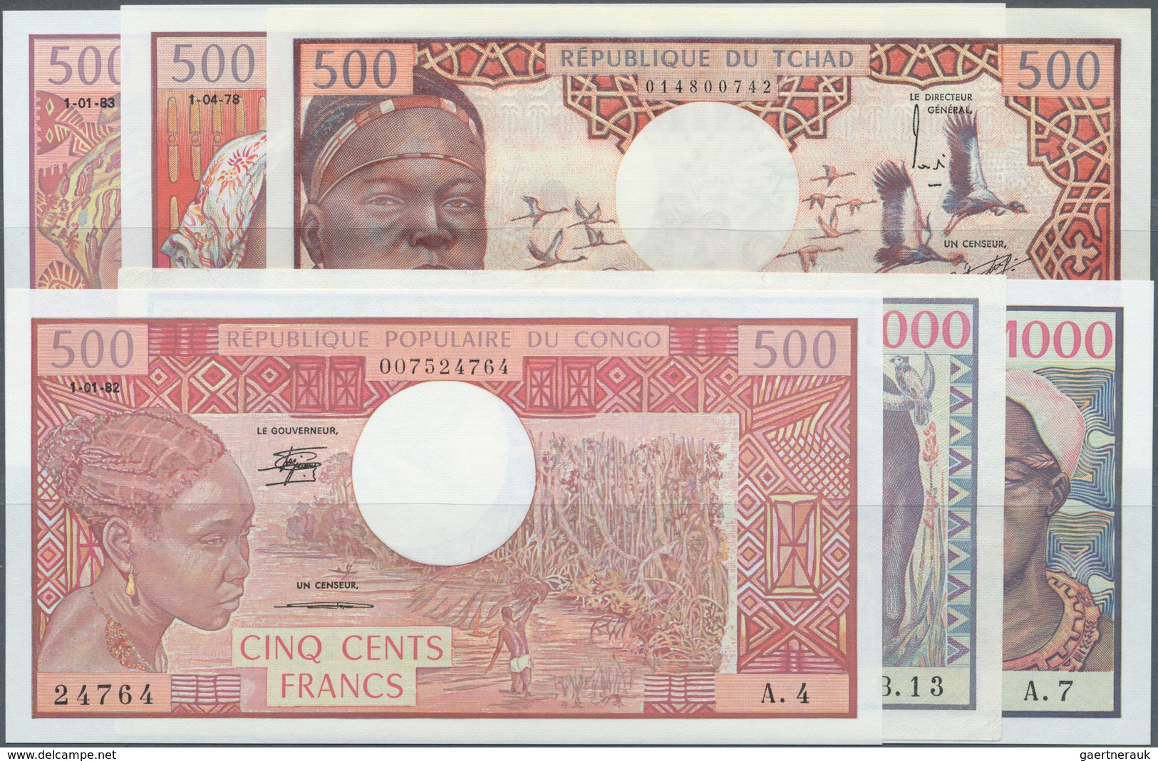 Africa / Afrika: Interesting Set Of 6 Banknotes Containing Cameroon 500 Francs 1983 P. 15d (UNC), Ch - Otros – Africa