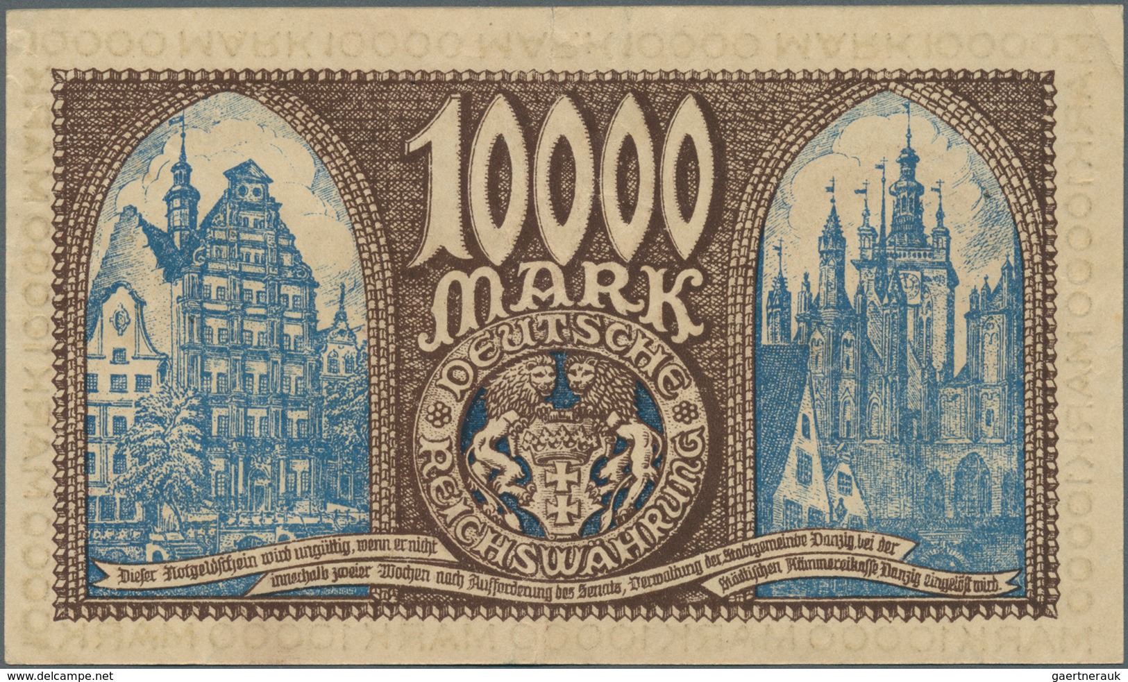 Deutschland - Nebengebiete Deutsches Reich: Danzig 10.000 Mark 1923, Ro.799, Vertikaler Mittelknick - Altri & Non Classificati