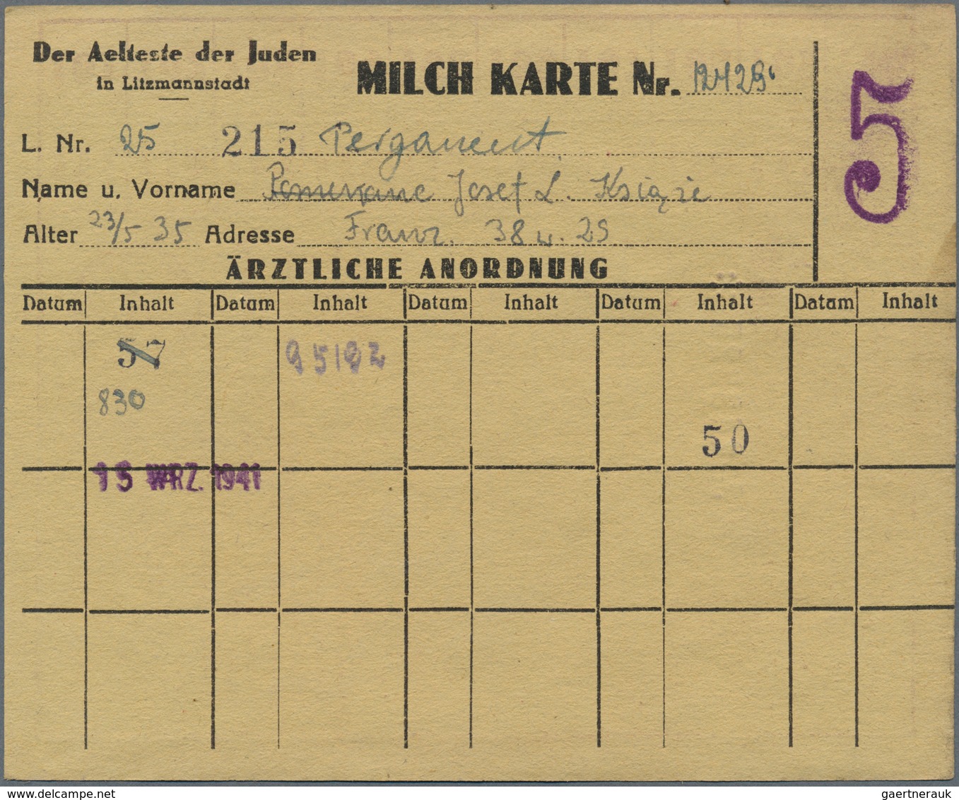 Deutschland - Konzentrations- Und Kriegsgefangenenlager: Litzmannstadt Ghetto, Posten Mit 10 Rations - Autres & Non Classés