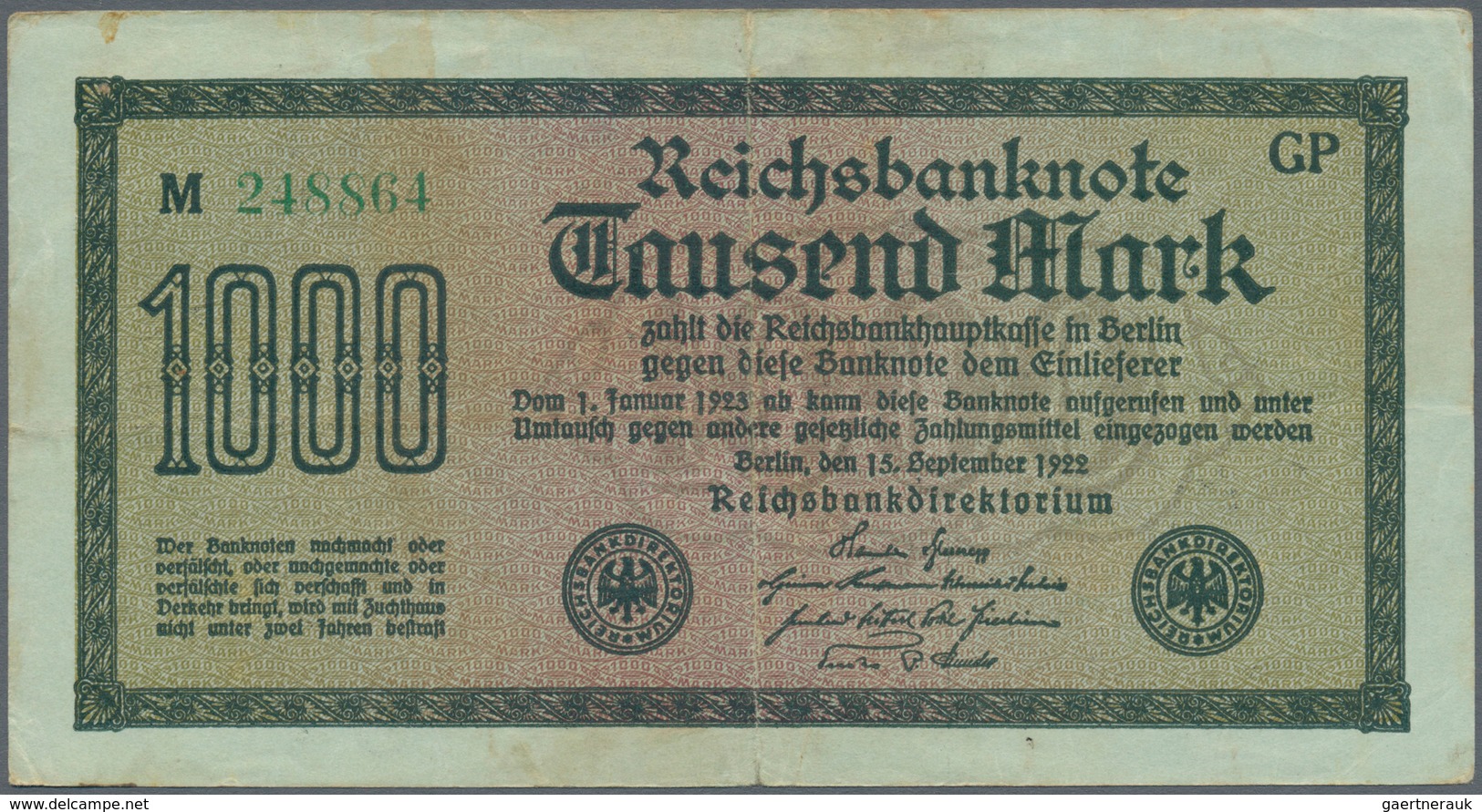 Deutschland - Sonstige: Set Von 3 Reichsbanknoten Zu 1000 Mark 1922 (2x) Und 20000 Mark 1923 Mit Ant - Altri & Non Classificati