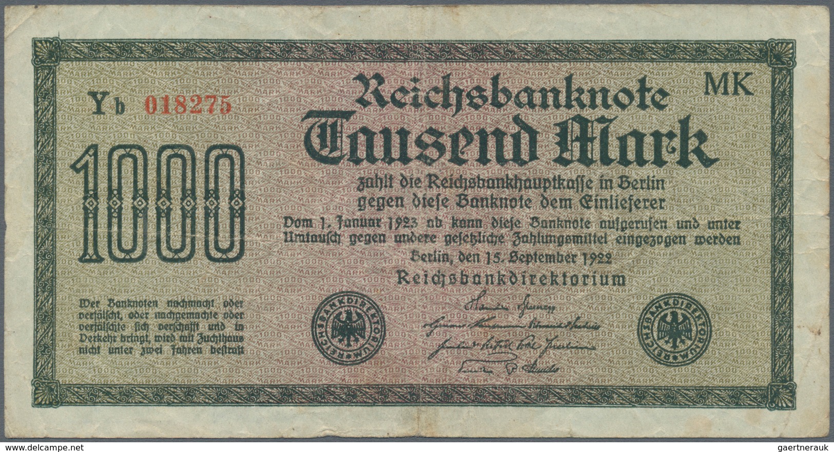 Deutschland - Sonstige: Set Von 3 Reichsbanknoten Zu 1000 Mark 1922 (2x) Und 20000 Mark 1923 Mit Ant - Altri & Non Classificati