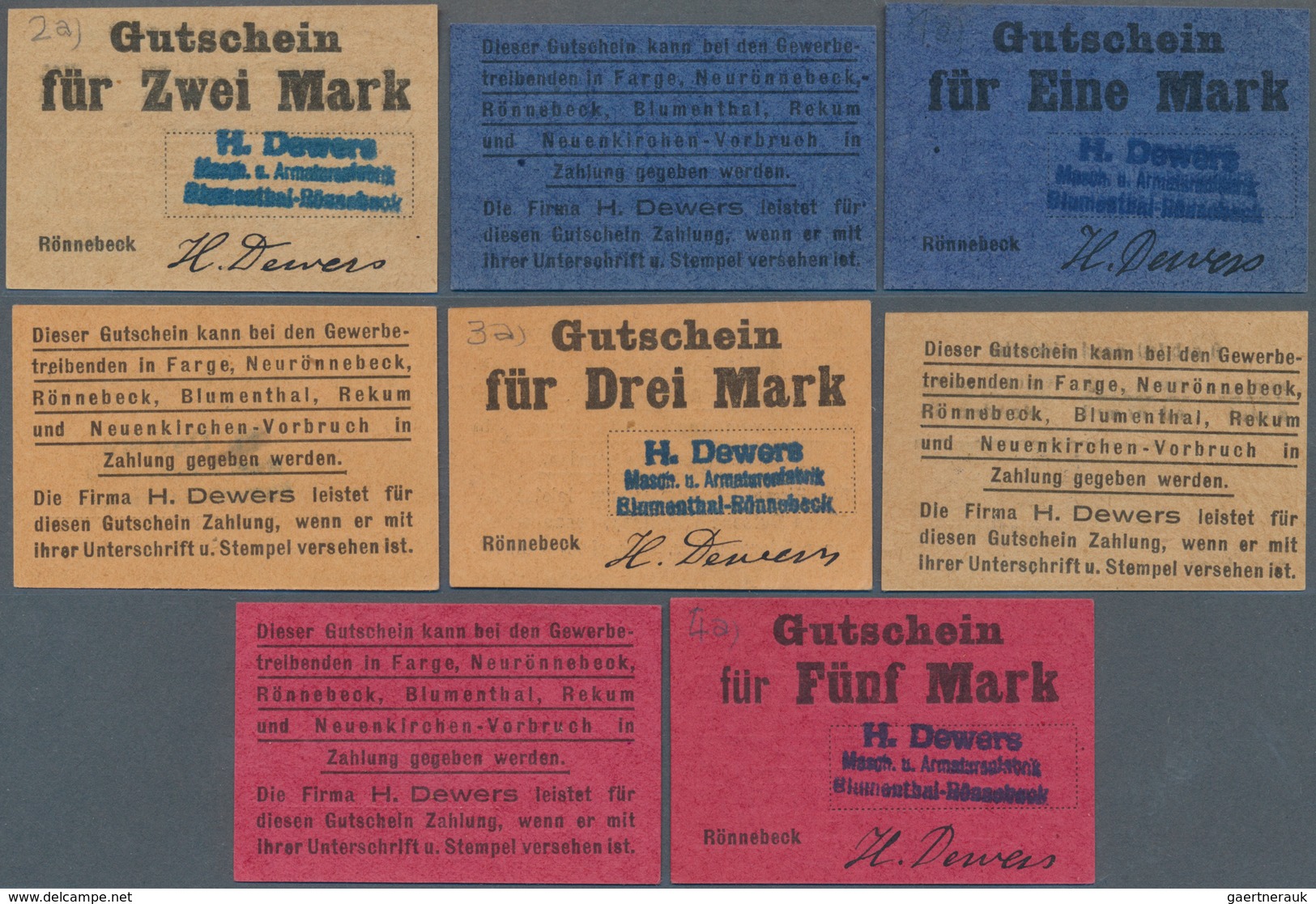 Deutschland - Notgeld - Bremen: Rönnebeck, H. Dewers, Masch. U. Armaturenfabrik, 1, 2, 3, 5 Mark, Mi - [11] Emisiones Locales