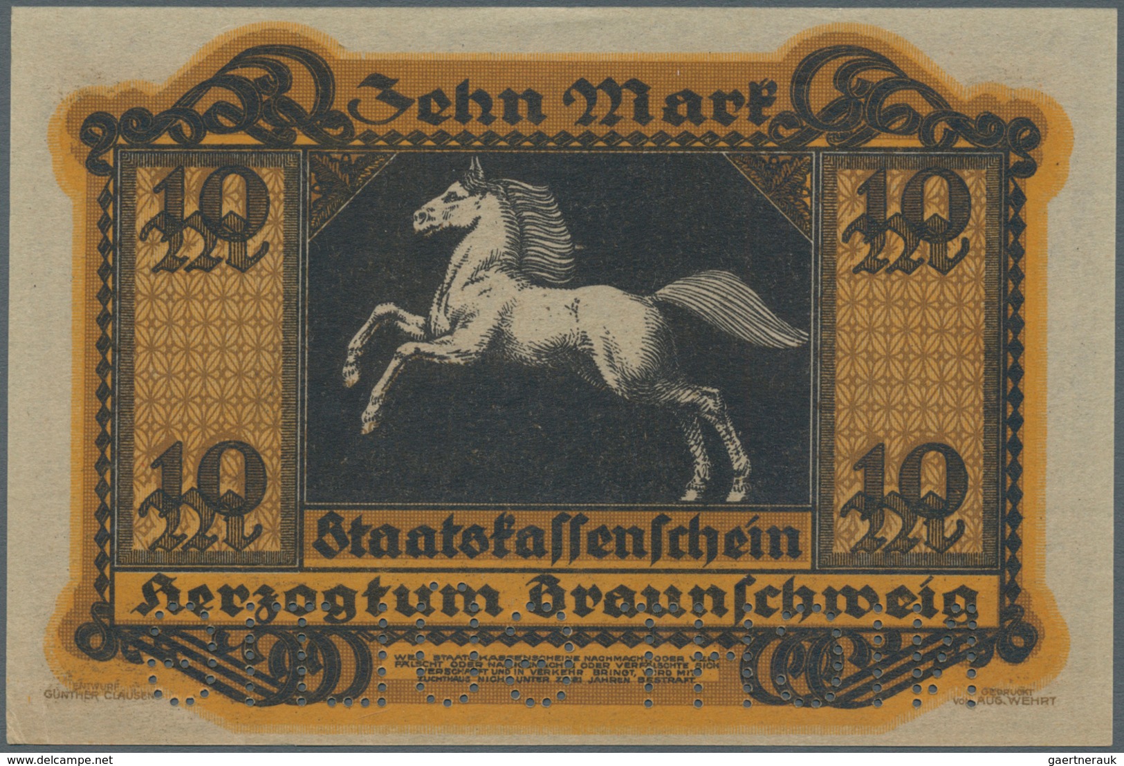 Deutschland - Notgeld - Niedersachsen: Herzogl-Braunschschw.Staatskassenschein 10 Mark 1918 Mit Perf - [11] Emissioni Locali